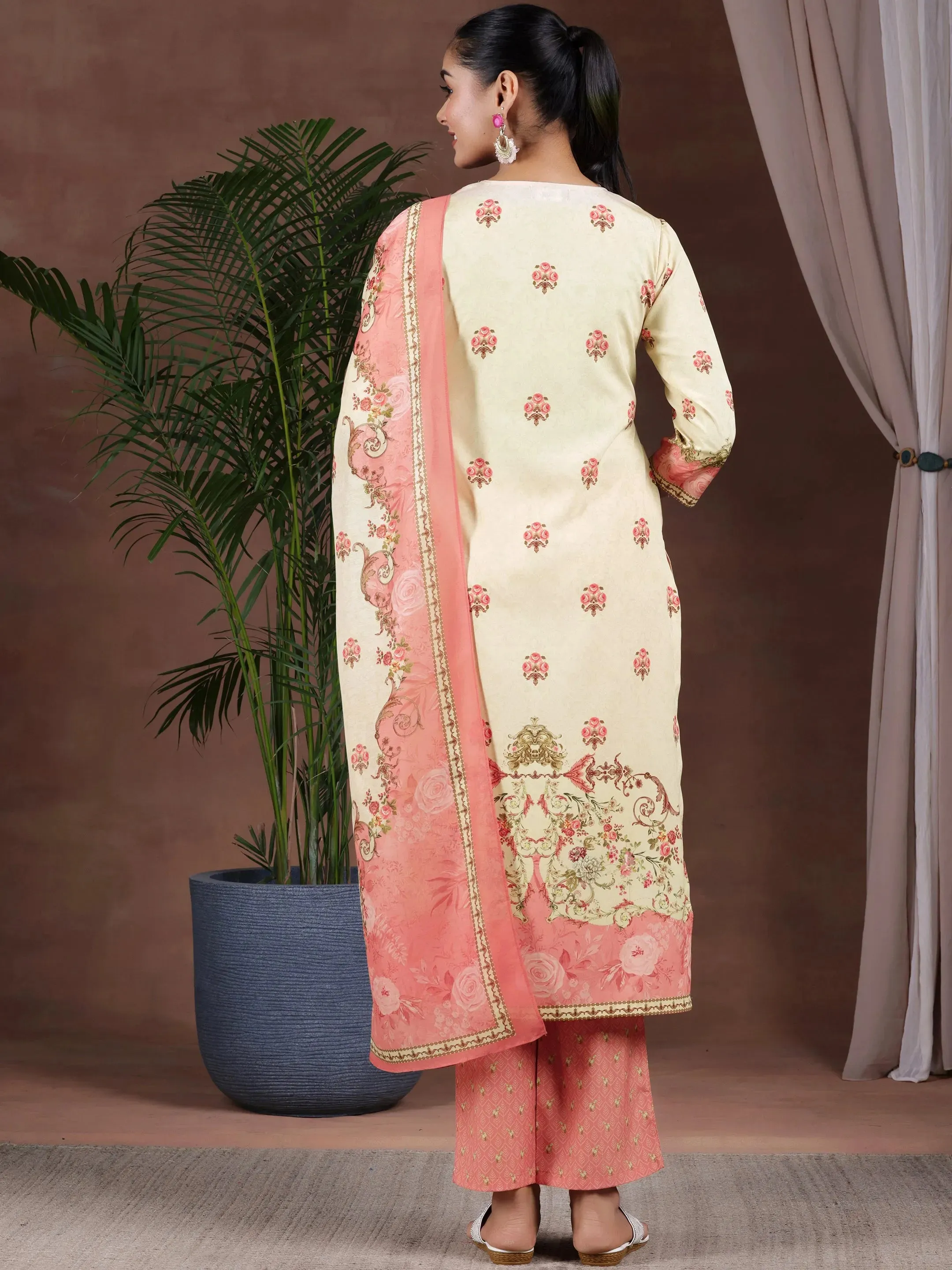 Beige Printed Poly Crepe Straight Suit With Dupatta