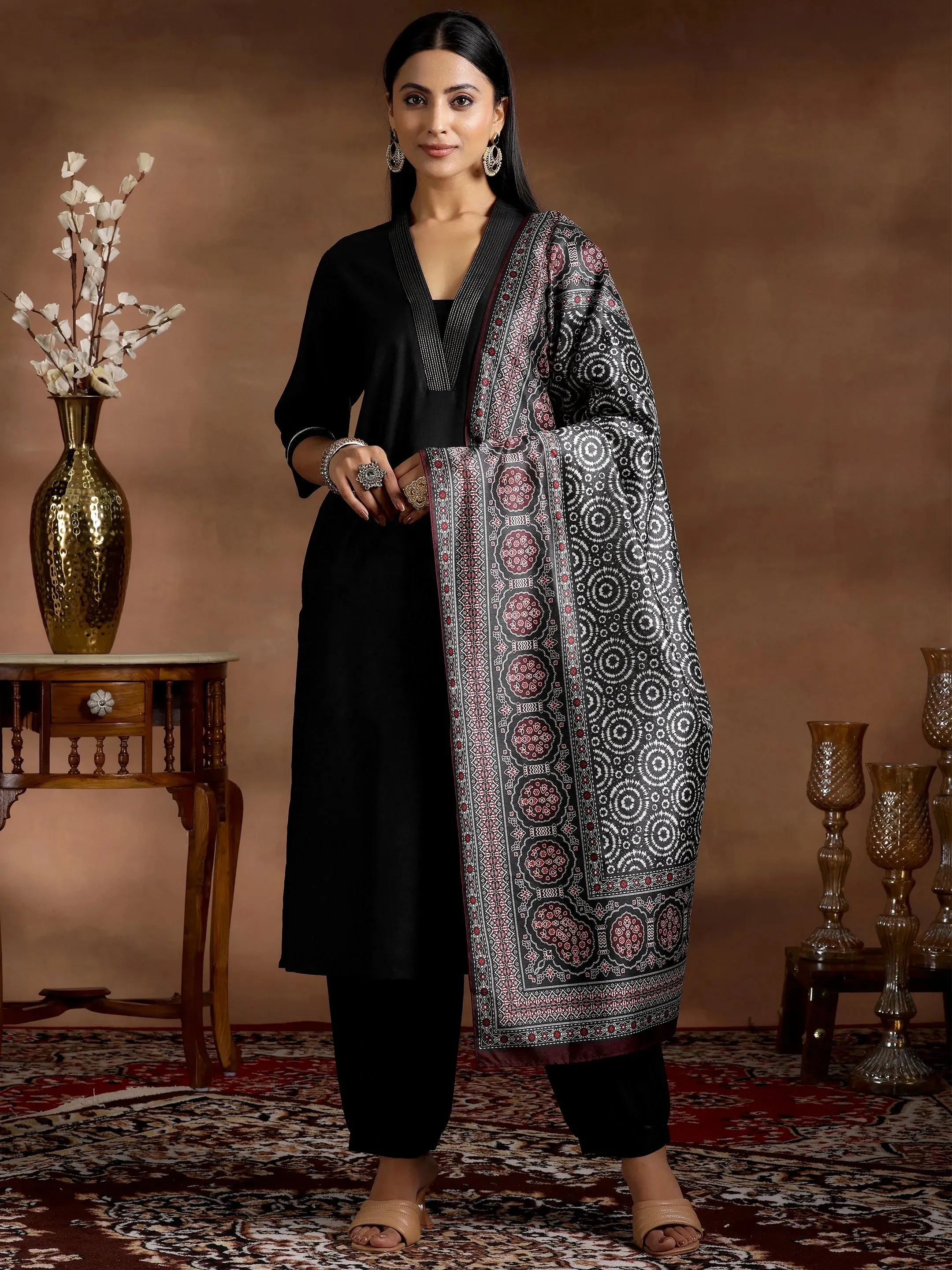 Black Solid Silk Blend Straight Suit With Dupatta