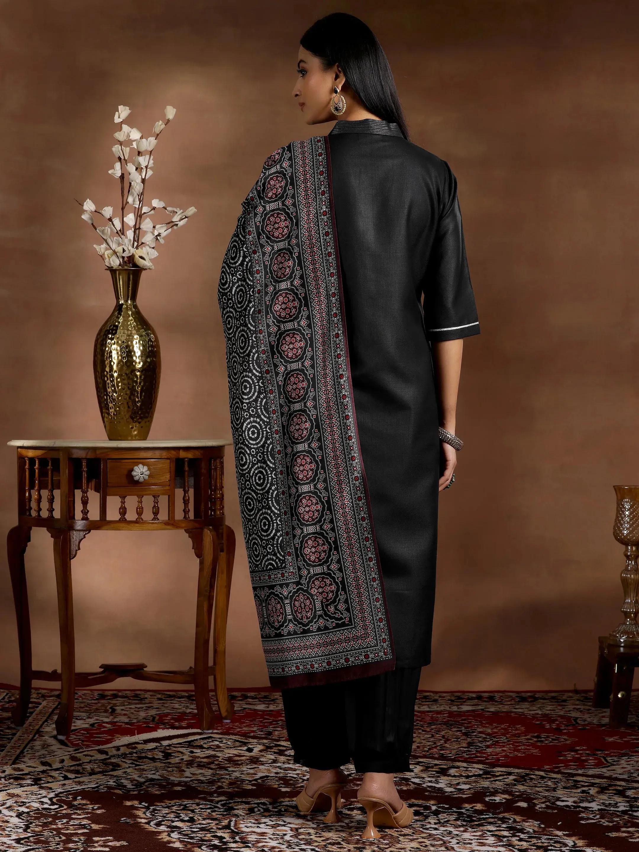 Black Solid Silk Blend Straight Suit With Dupatta