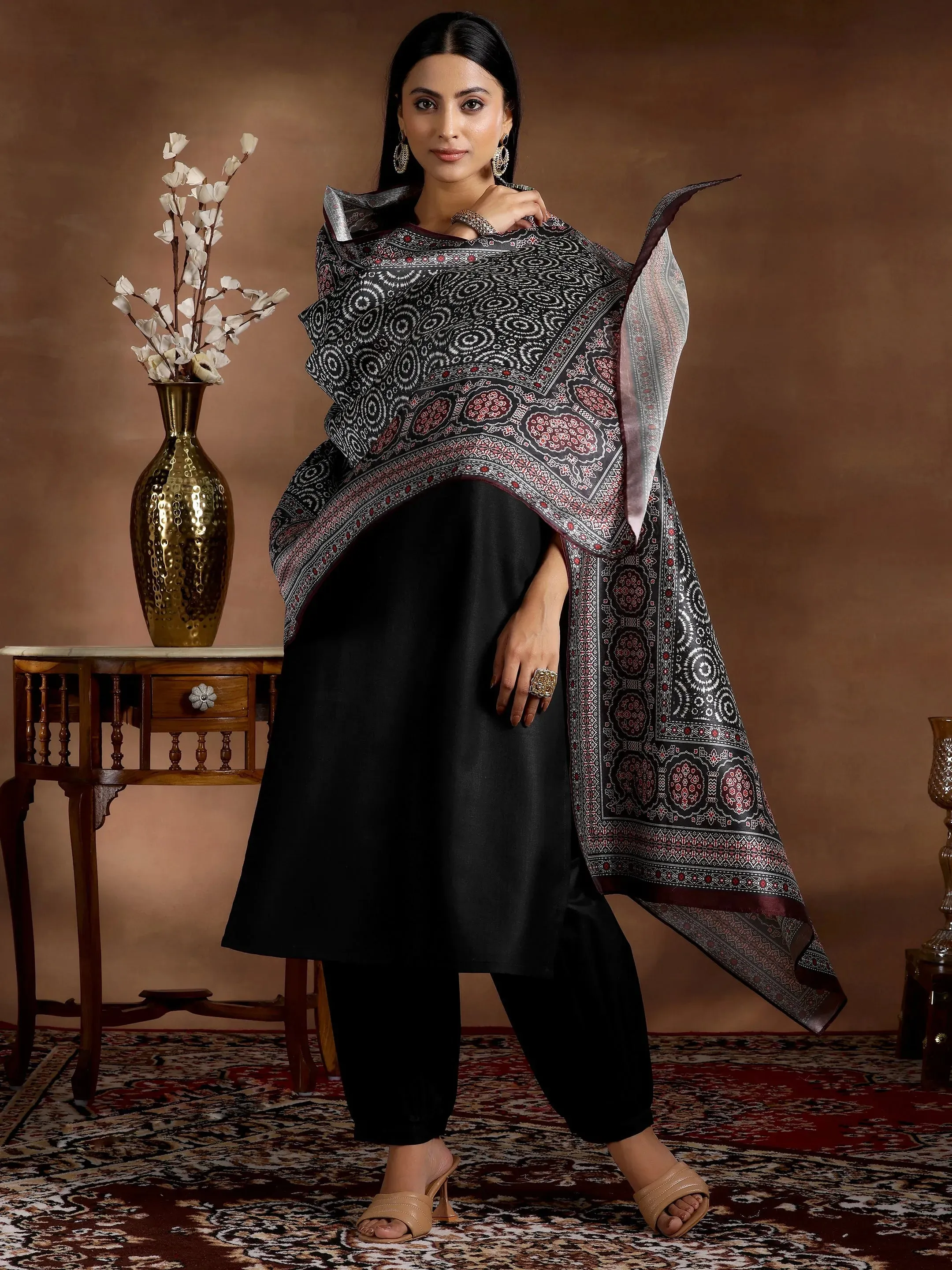 Black Solid Silk Blend Straight Suit With Dupatta