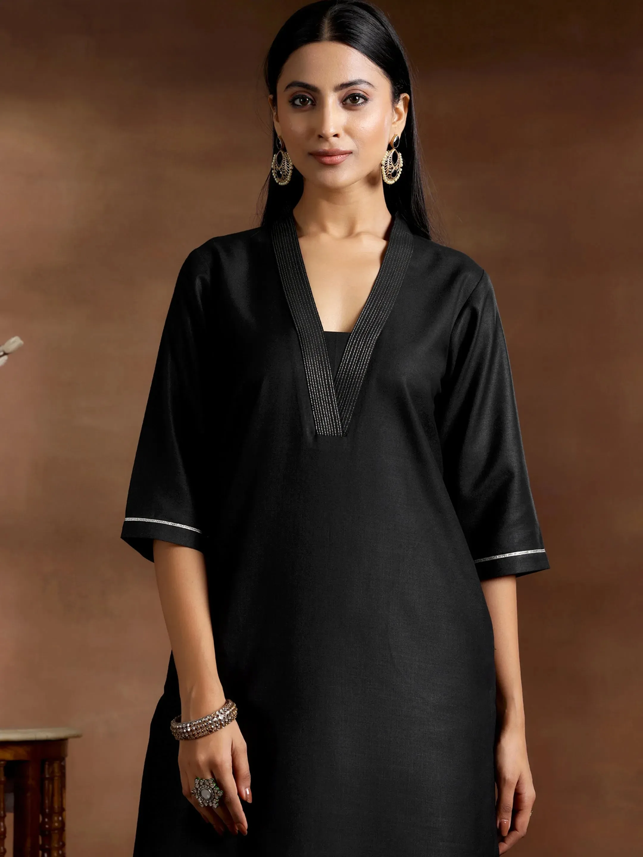 Black Solid Silk Blend Straight Suit With Dupatta