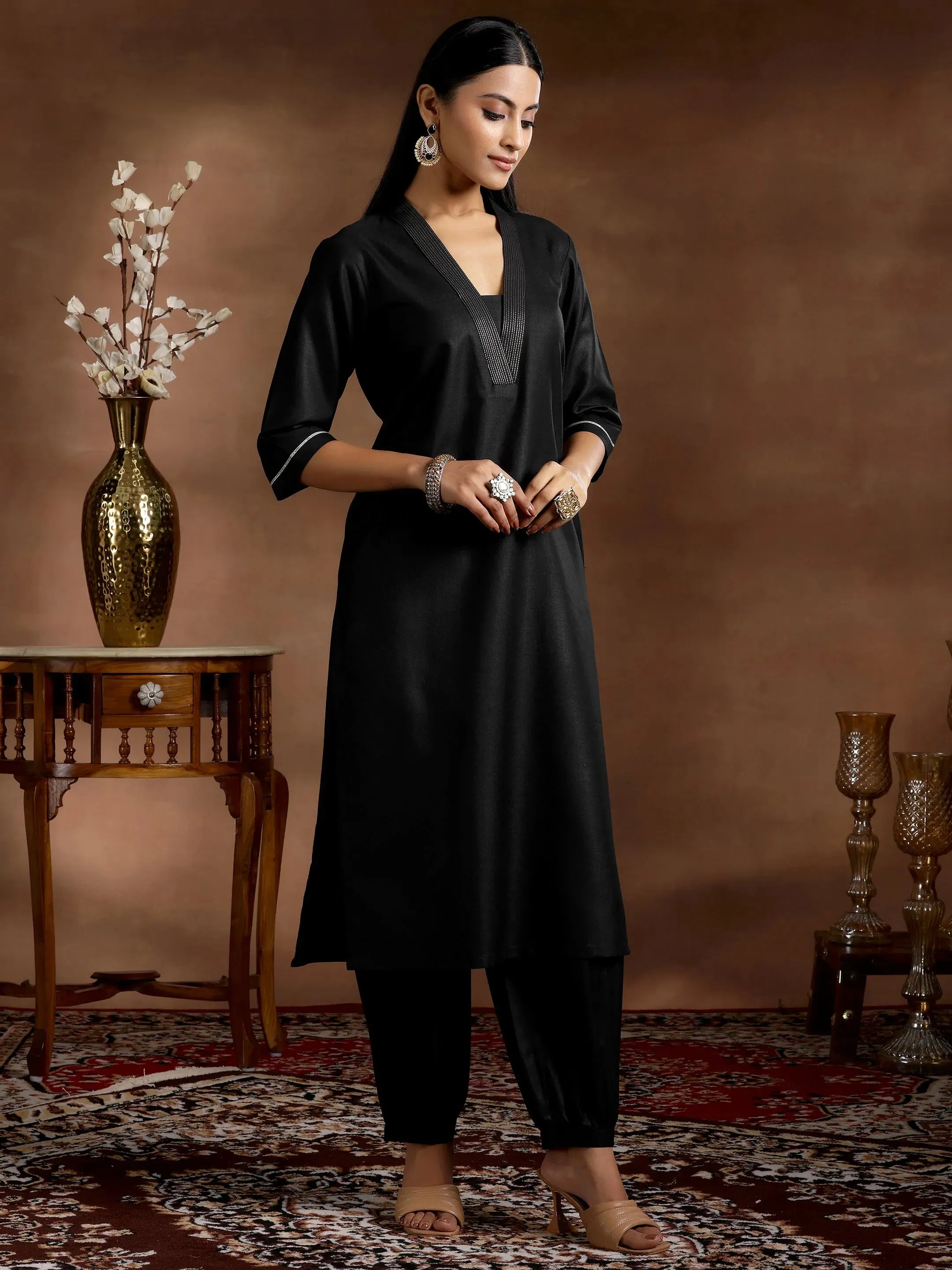 Black Solid Silk Blend Straight Suit With Dupatta