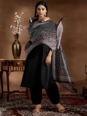Black Solid Silk Blend Straight Suit With Dupatta