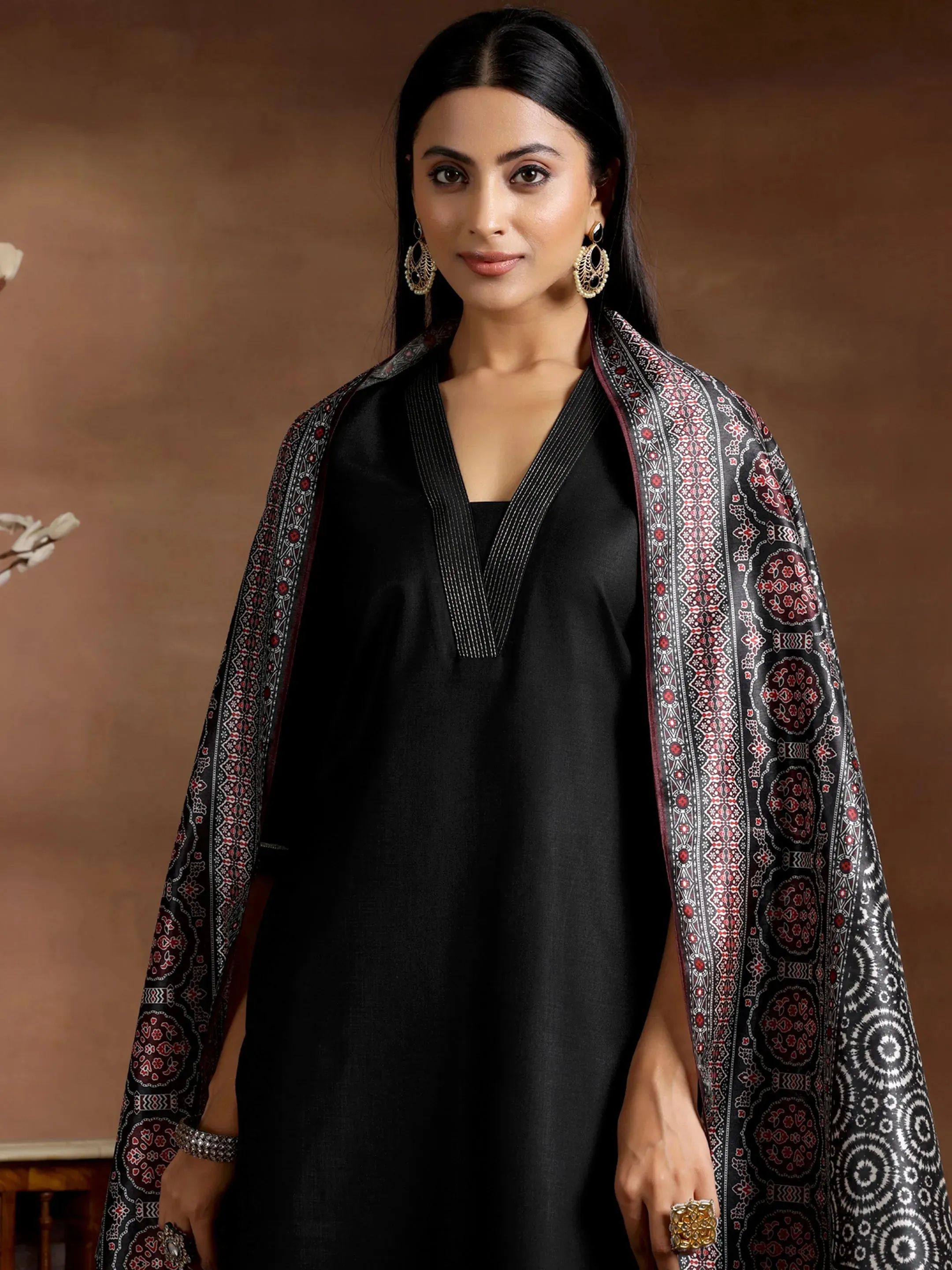 Black Solid Silk Blend Straight Suit With Dupatta