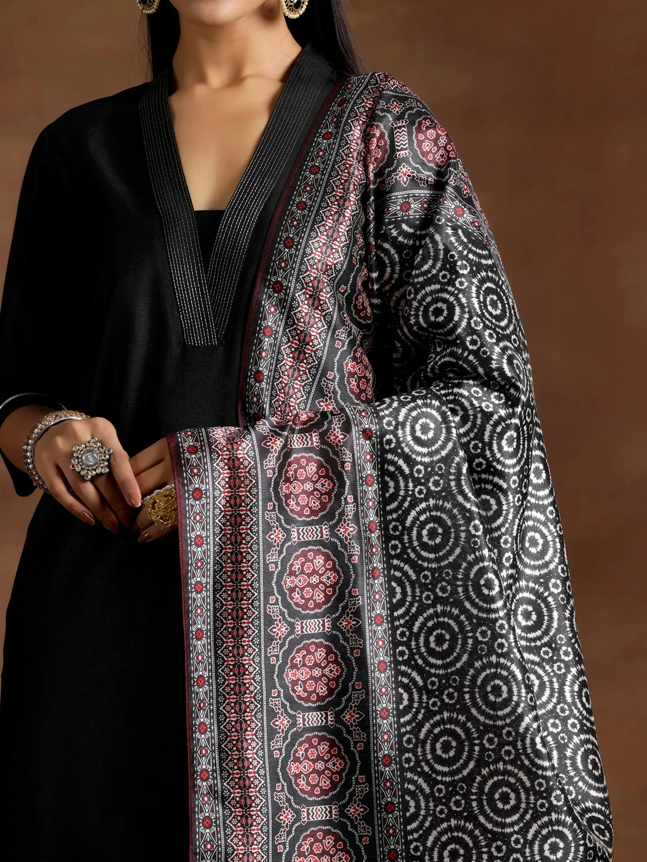 Black Solid Silk Blend Straight Suit With Dupatta