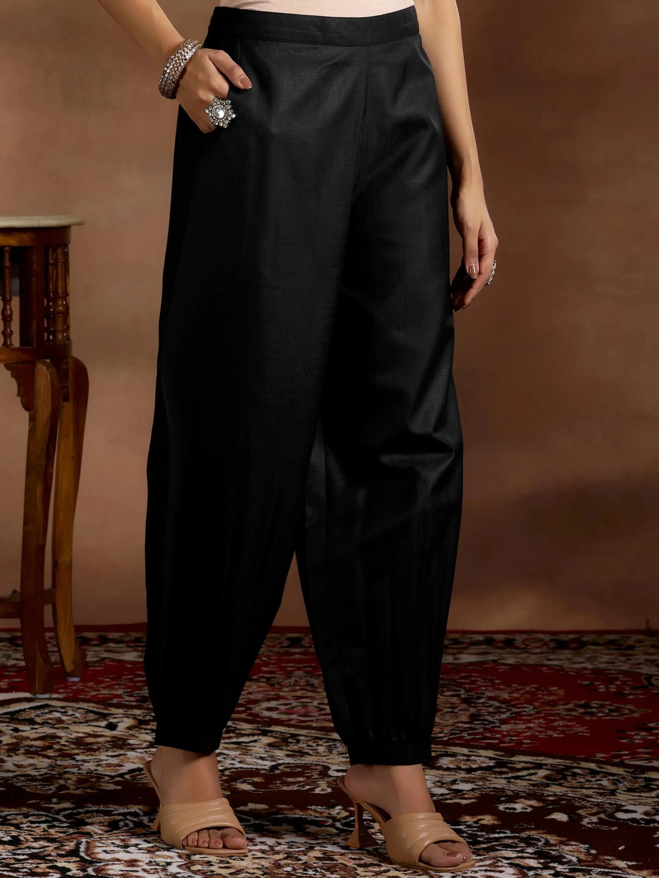 Black Solid Silk Blend Straight Suit With Dupatta