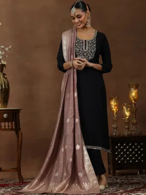 Black Yoke Design Silk Blend Straight Suit With Dupatta