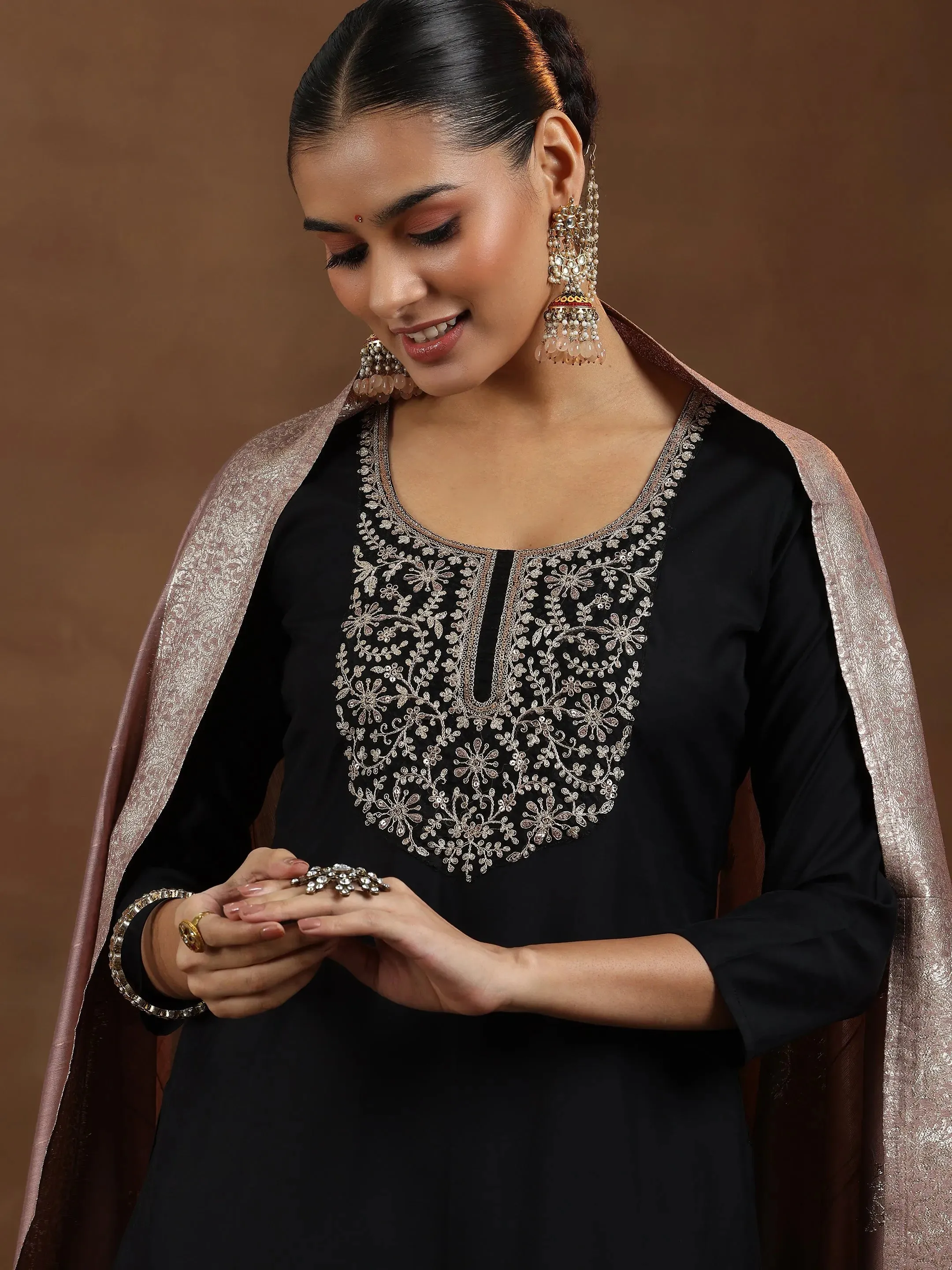 Black Yoke Design Silk Blend Straight Suit With Dupatta