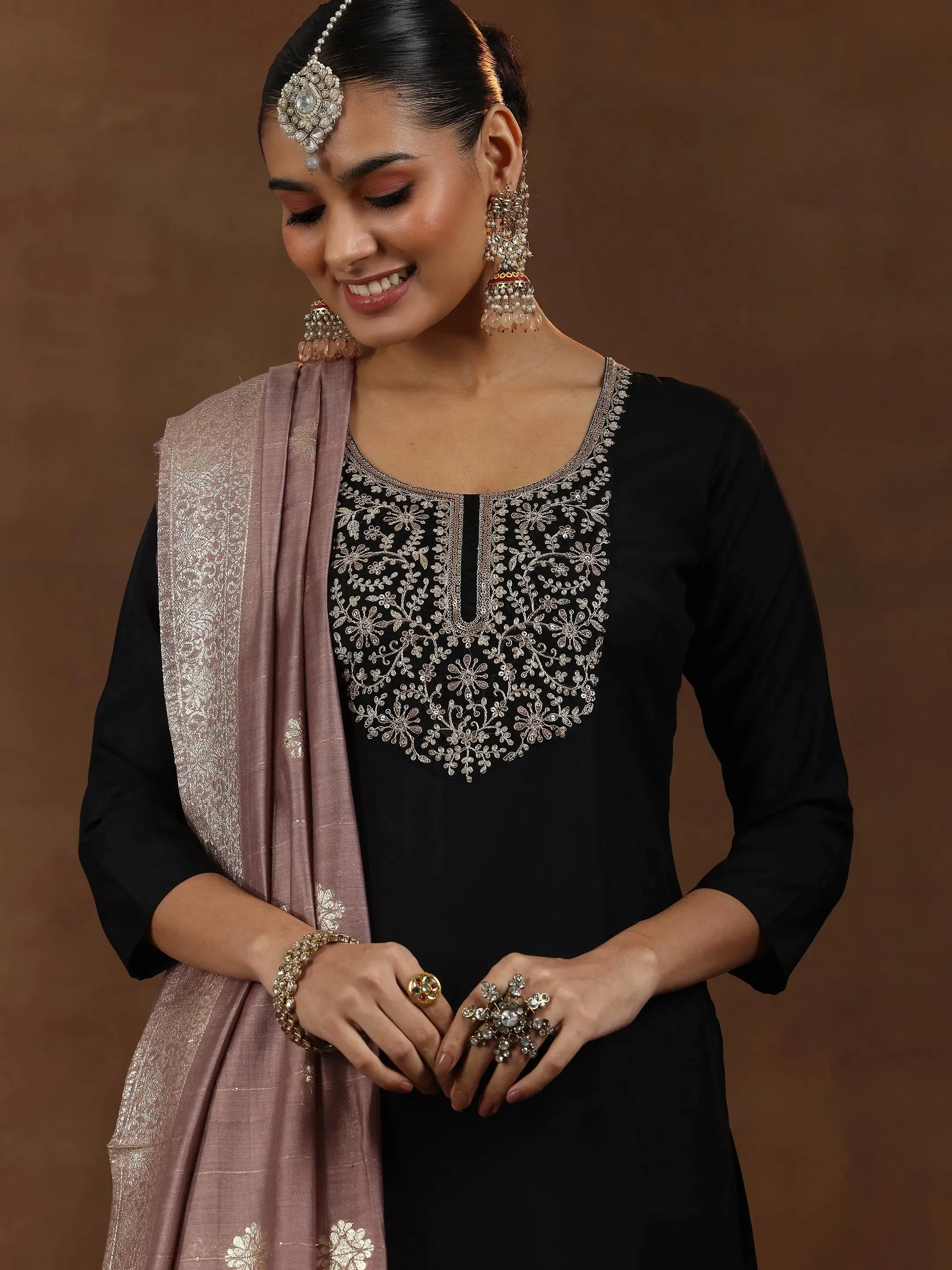 Black Yoke Design Silk Blend Straight Suit With Dupatta