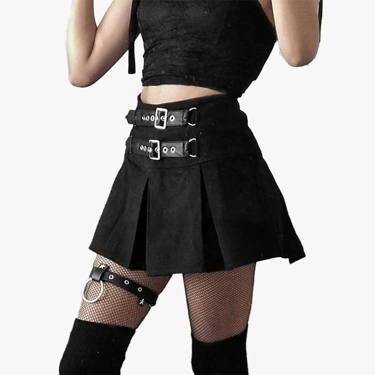 Double Belt Pleated Black Skirt