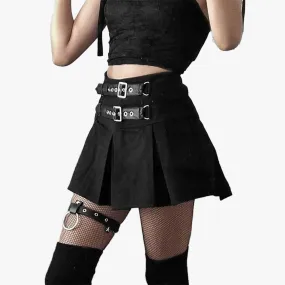 Double Belt Pleated Black Skirt