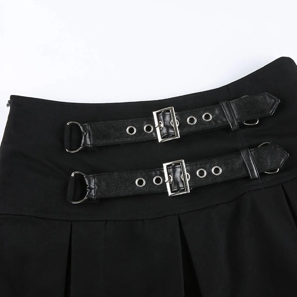Double Belt Pleated Black Skirt