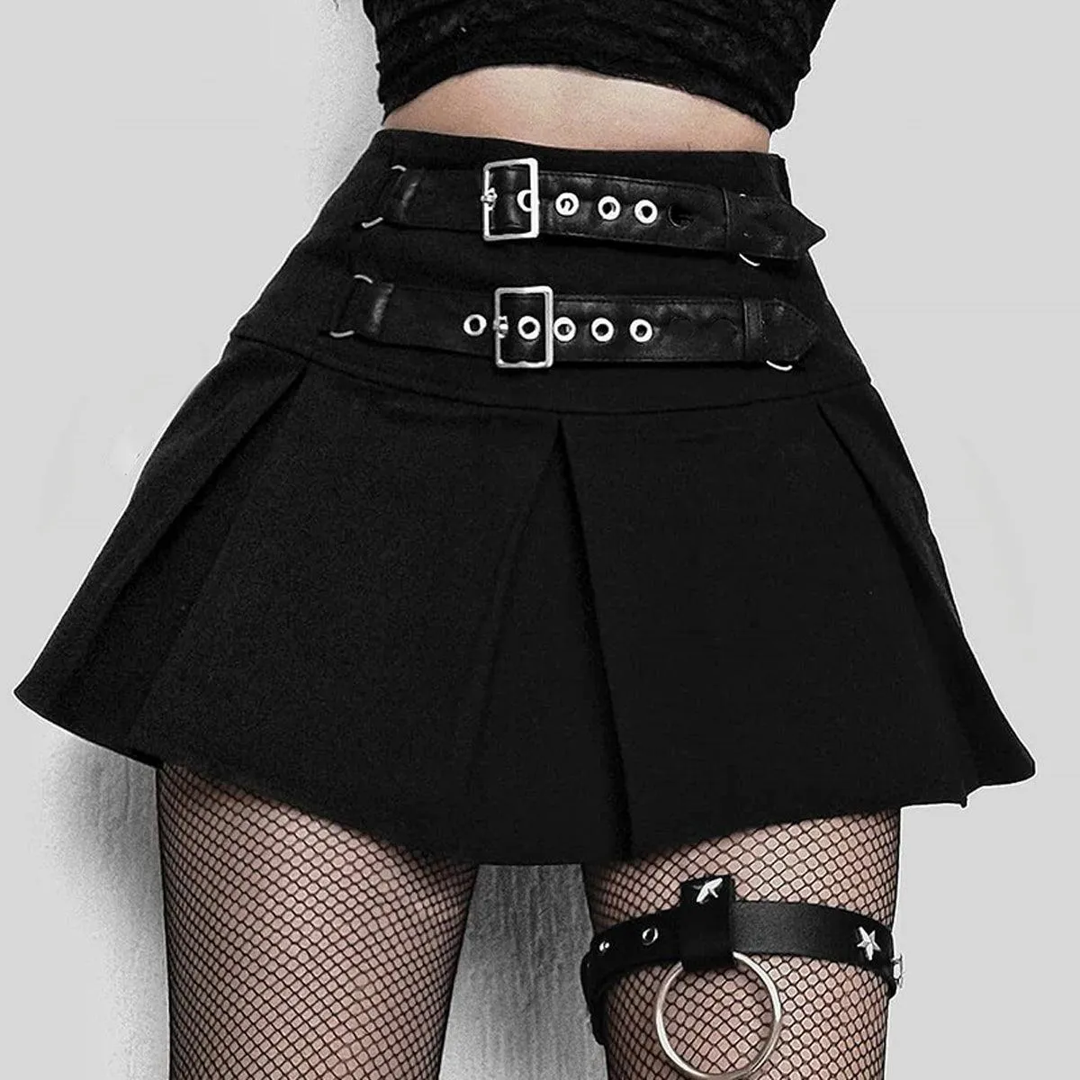 Double Belt Pleated Black Skirt