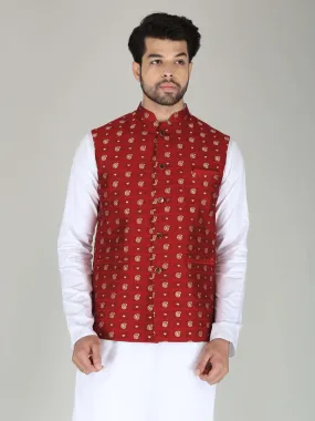 Maroon Banarasi Nehru Jackets