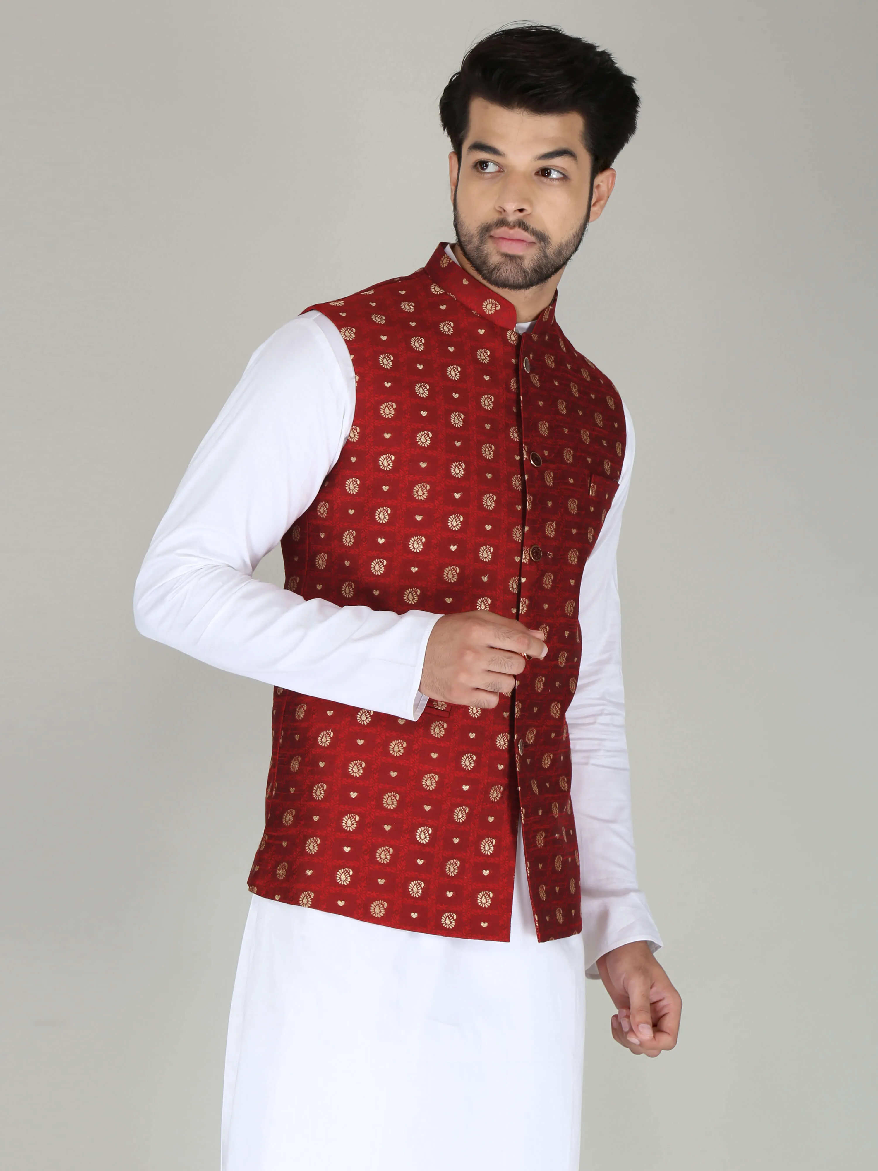 Maroon Banarasi Nehru Jackets